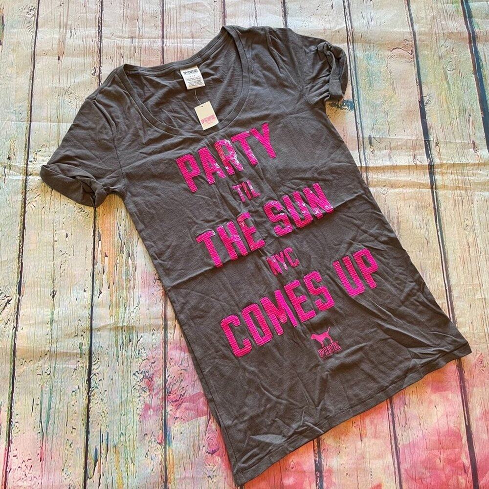 Victoria's Secret PINK Tee Womens Small Grey Pink NYC Sequin T-Shirt New York